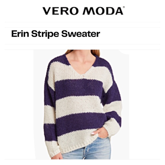 NWT VERO MODA ERIN STRIPED V-NECK CHUNKY KNIT COZY SWEATER XL Navy Cream - Picture 1 of 12